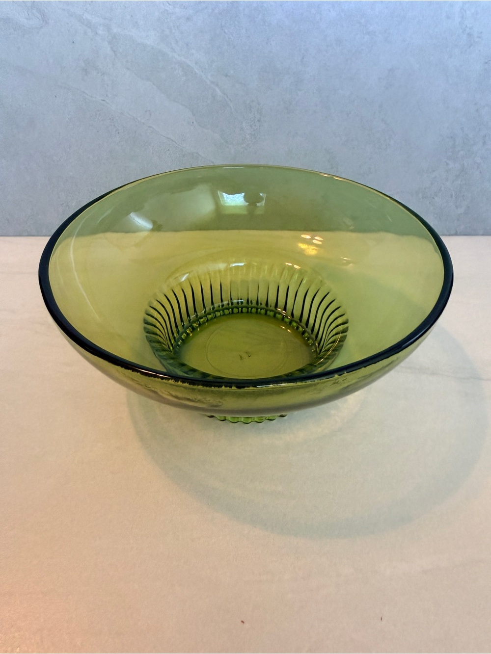 Vintage Green Glass Round Pedestal Bowl with Ribbed Base